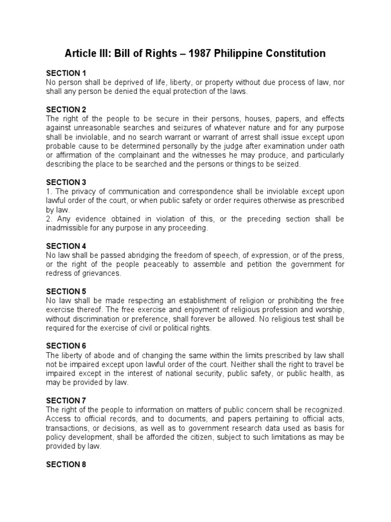 Article III: Bill of Rights - 1987 Philippine Constitution: Section 1 ...
