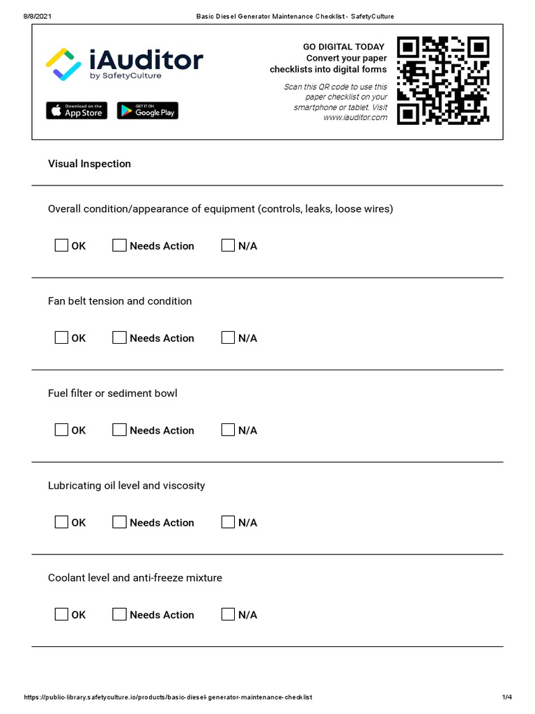 Basic Diesel Generator Maintenance Checklist SafetyCulture PDF