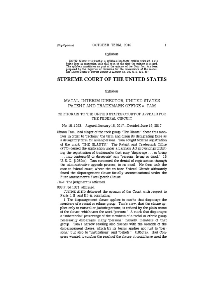 Supreme Court of The United States: Matal, Interim Director, United ...