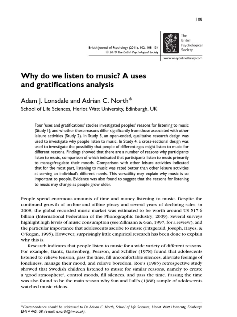 Why Do We Listen To Music Pdf Mood Psychology Mental Health