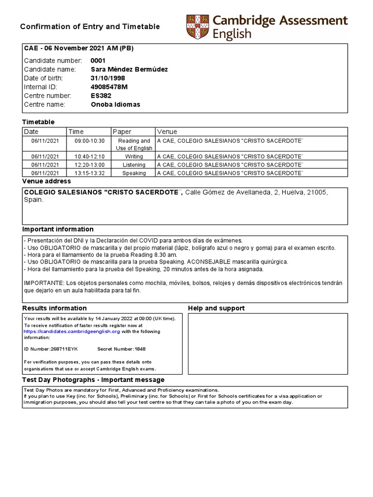 Confirmation of Entry and Timetable | PDF | Career & Growth ...