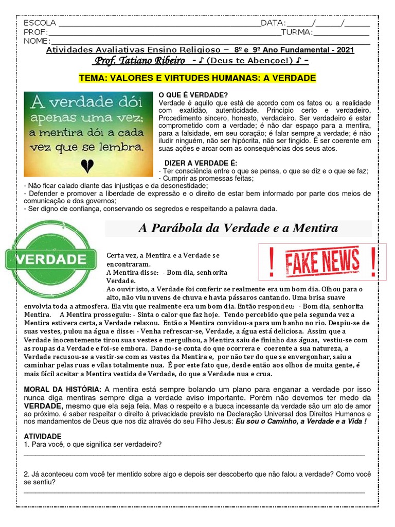 Atividade 26 Ensino Religioso - VALORES - VERDADE - Todas As Turmas ...