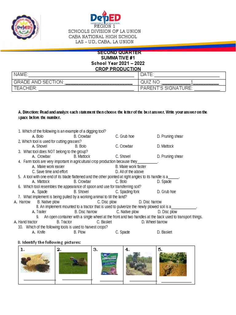 Tools for Crop Production Quiz | PDF | Plough | Tractor