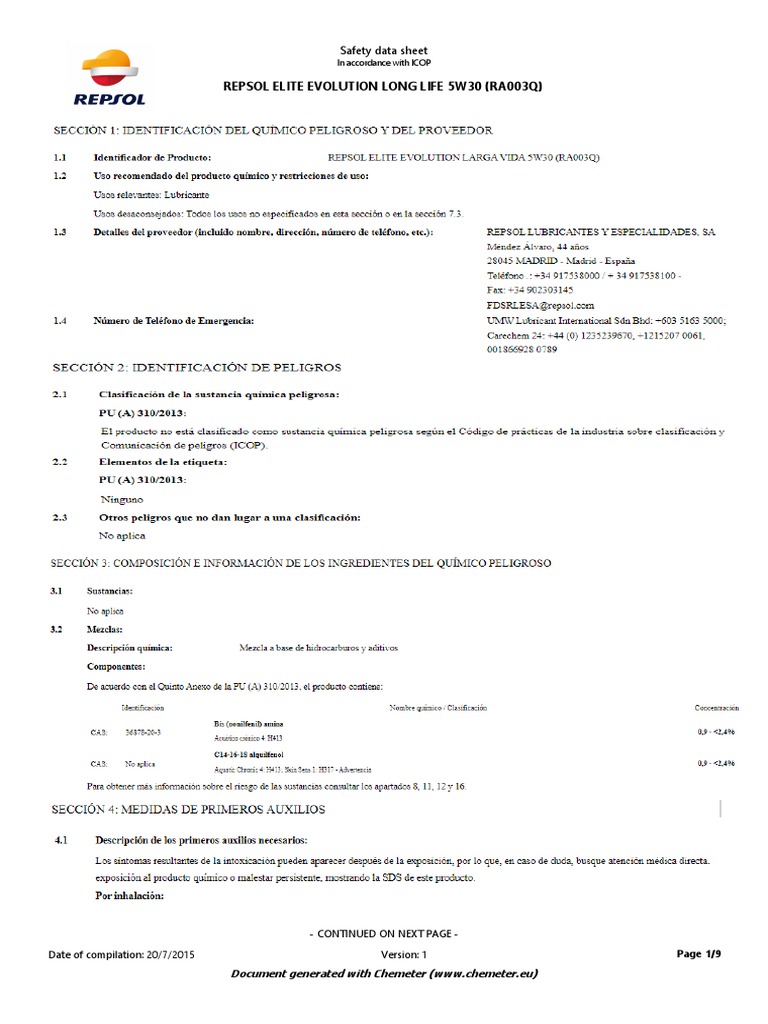 Repsol Elite Evolution 5W30 Safety Data Sheet | PDF | Dangerous Goods ...