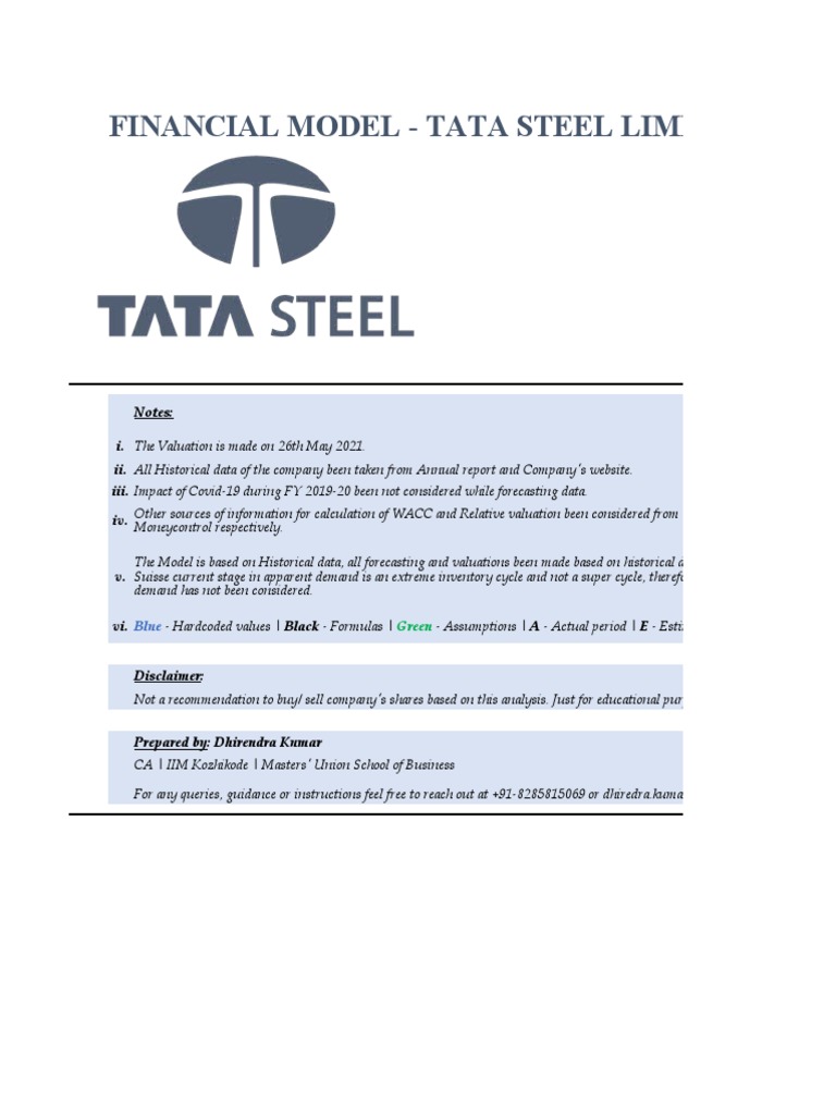 Tata Steel Financial Model 20162025 PDF Revenue Equity (Finance)