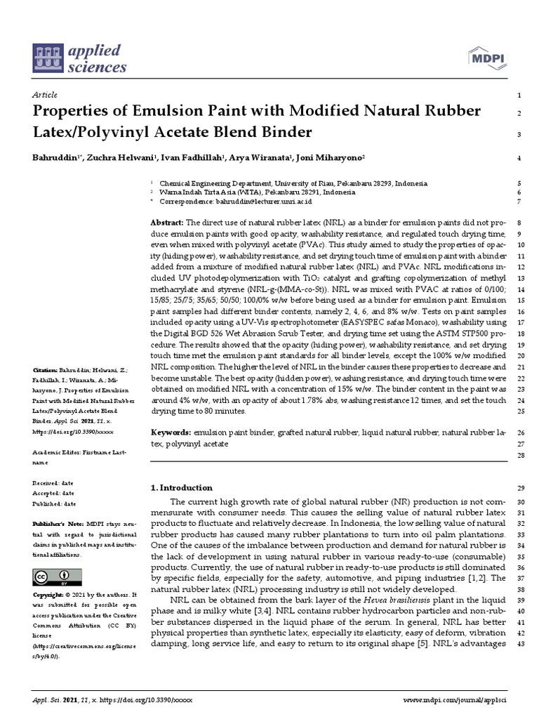 Properties of Emulsion Paint With Modified Natural Rubber Latex/Polyvinyl Acetate Blend Binder
