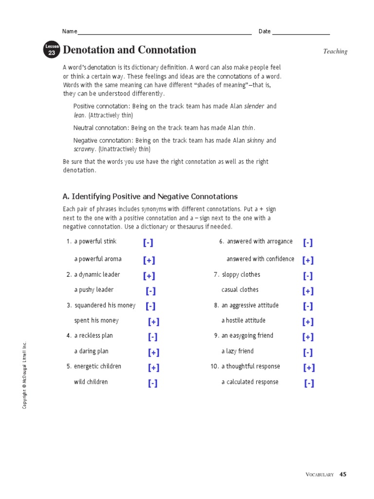 Connotation and Denotation Worksheet | PDF | Connotation | Linguistics