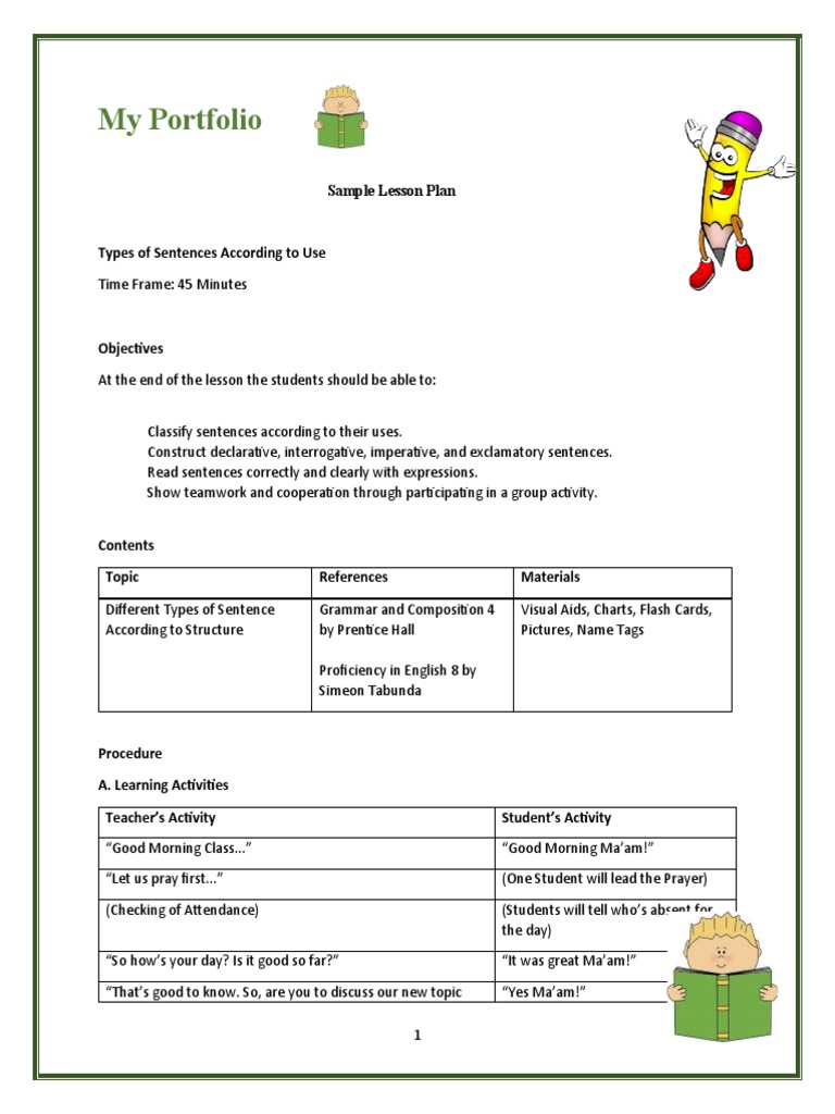 My Portfolio Sample Lesson Plan PDF Question Sentence (Linguistics)