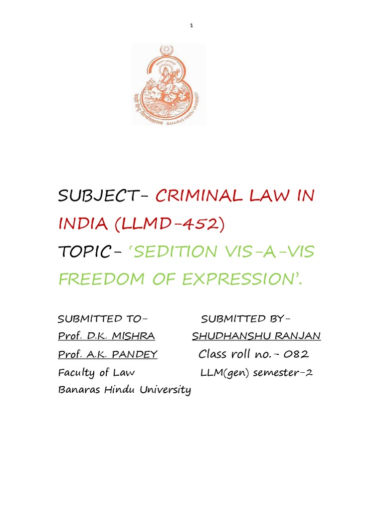 SubjectTopic Criminal Law in INDIA (LLMD452) PDF Treason