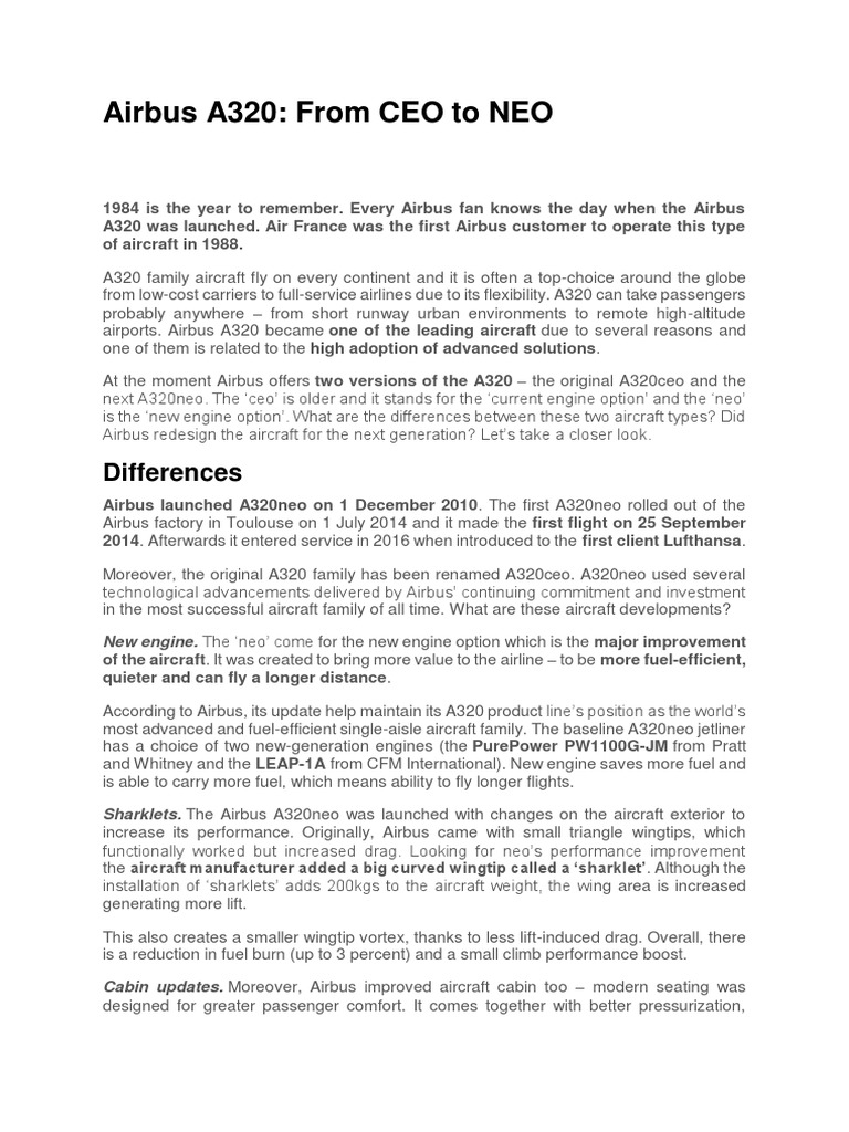 Airbus A320: From CEO To NEO: Differences | PDF | Aircraft | Aviation