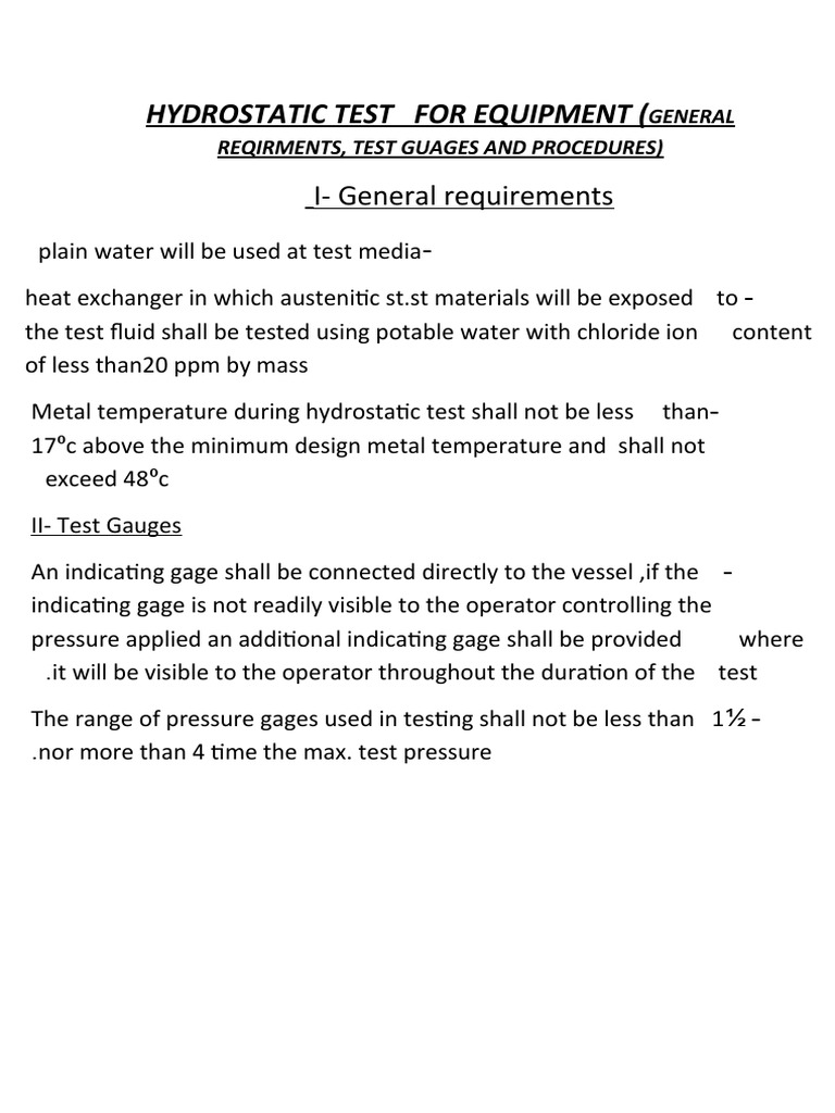 Hydrostatic Test For Equipment (: I-General Requirements | PDF | Leak ...