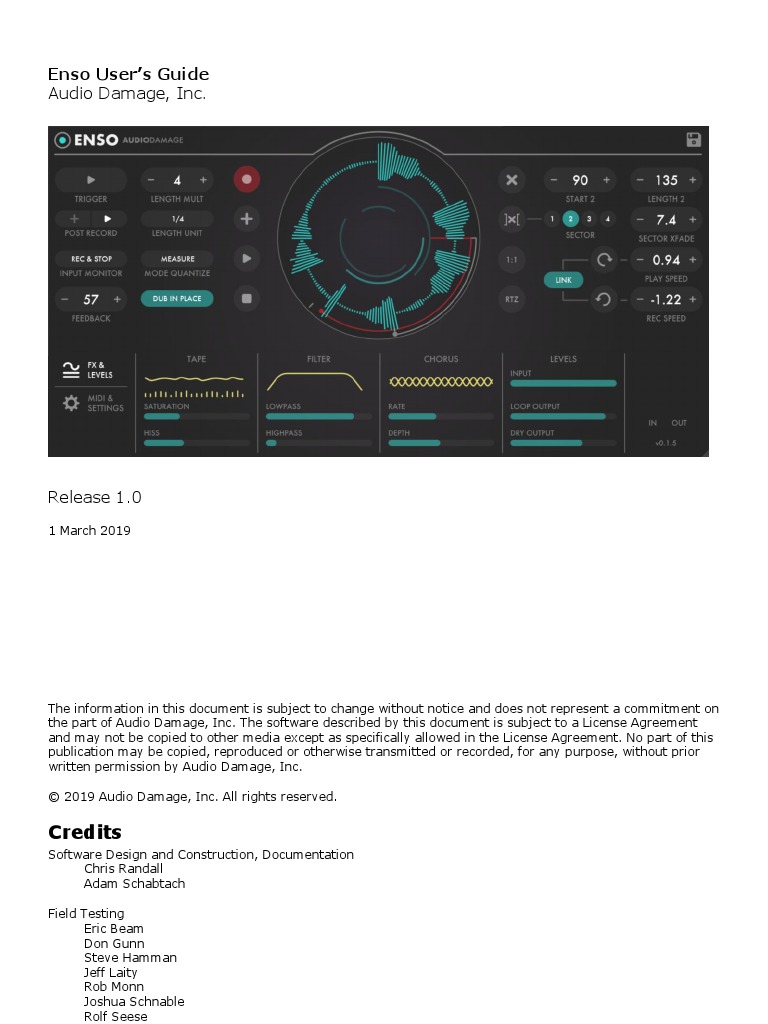 Audio Damage, Inc. Enso User's Guide PDF Legal Liability Low