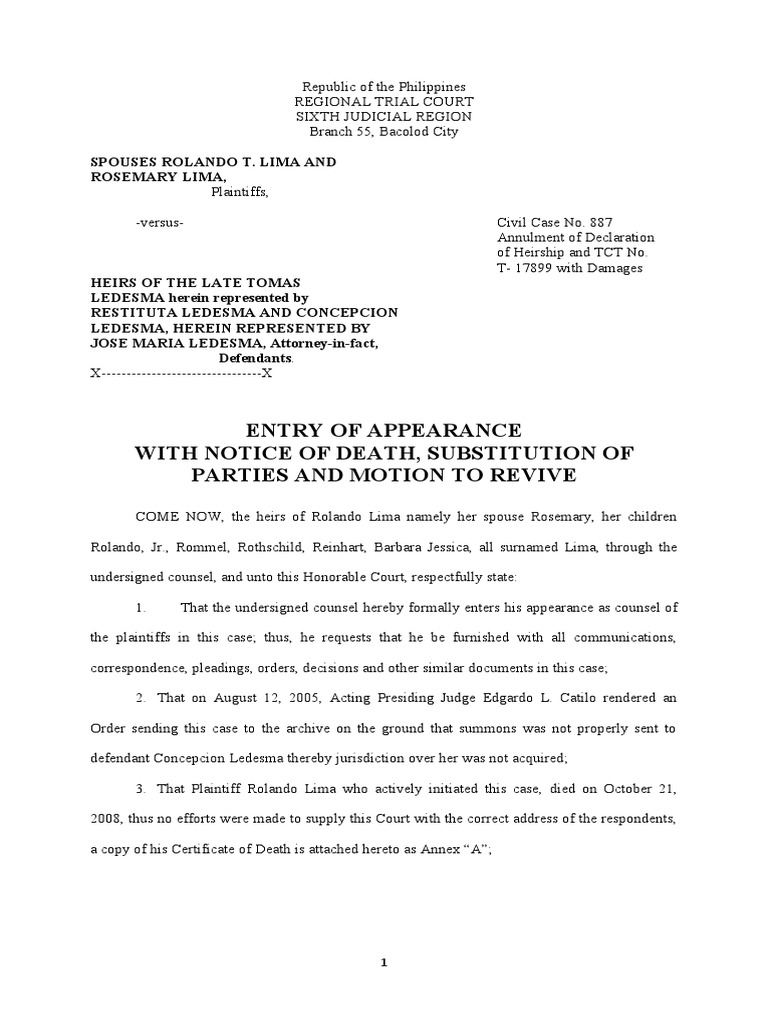 Entry of appearance with notice of death substitution of parties and