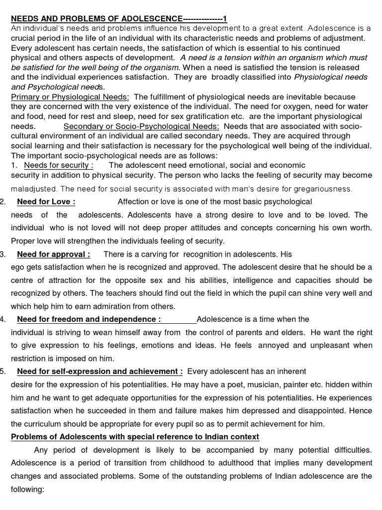 Needs and Problems of Adolescence | PDF | Adolescence | Feeling