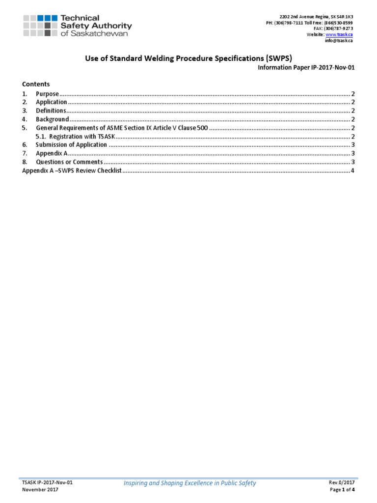 Standard Welding Procedure Specifications: Guidance on Submitting ...