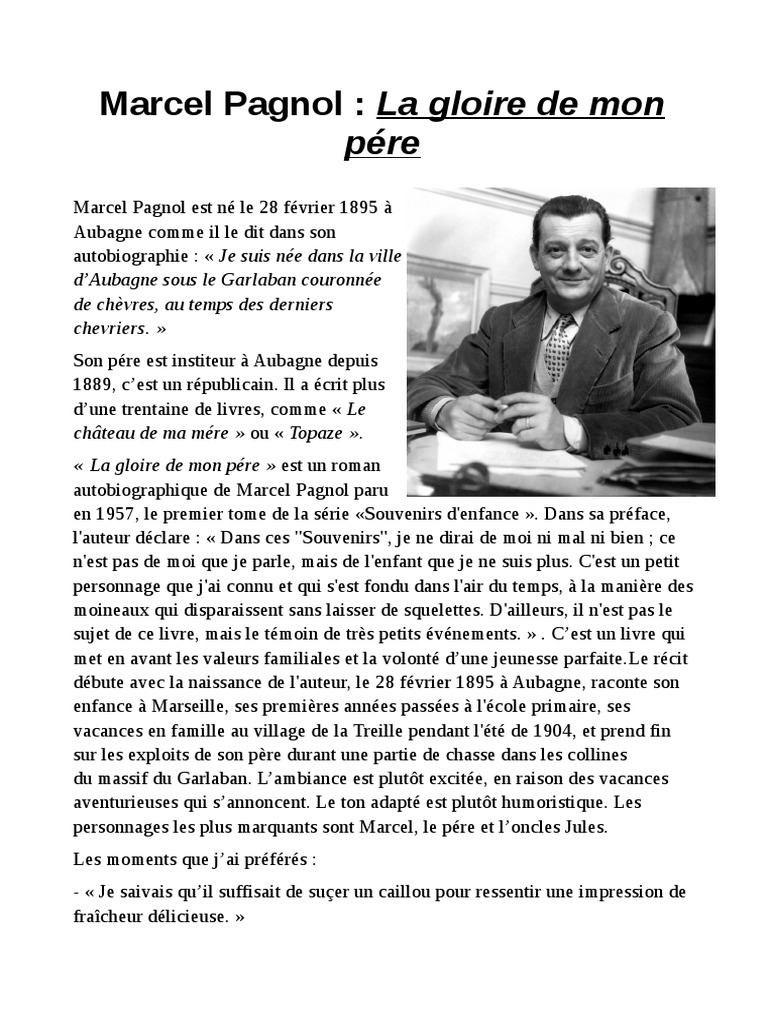 La Gloire De Mon Père Résumé Pdf Fiche La Gloire de Mon Pere | PDF | Romans