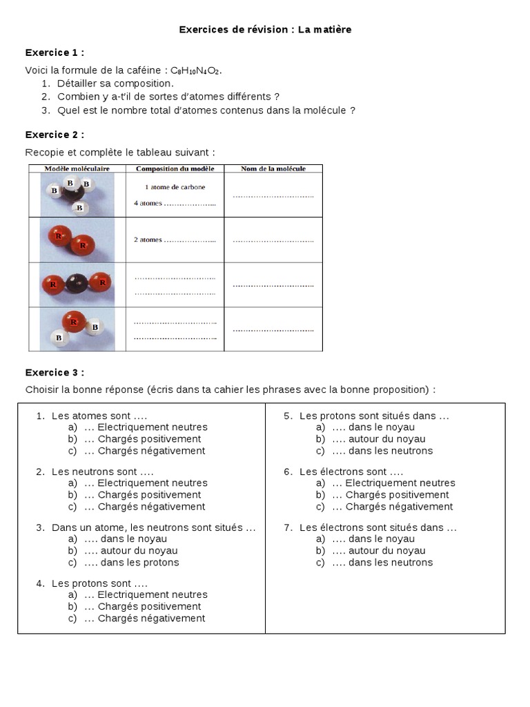 Exercices sur atomes et molécules 4ème | PDF | Ion | Atomes
