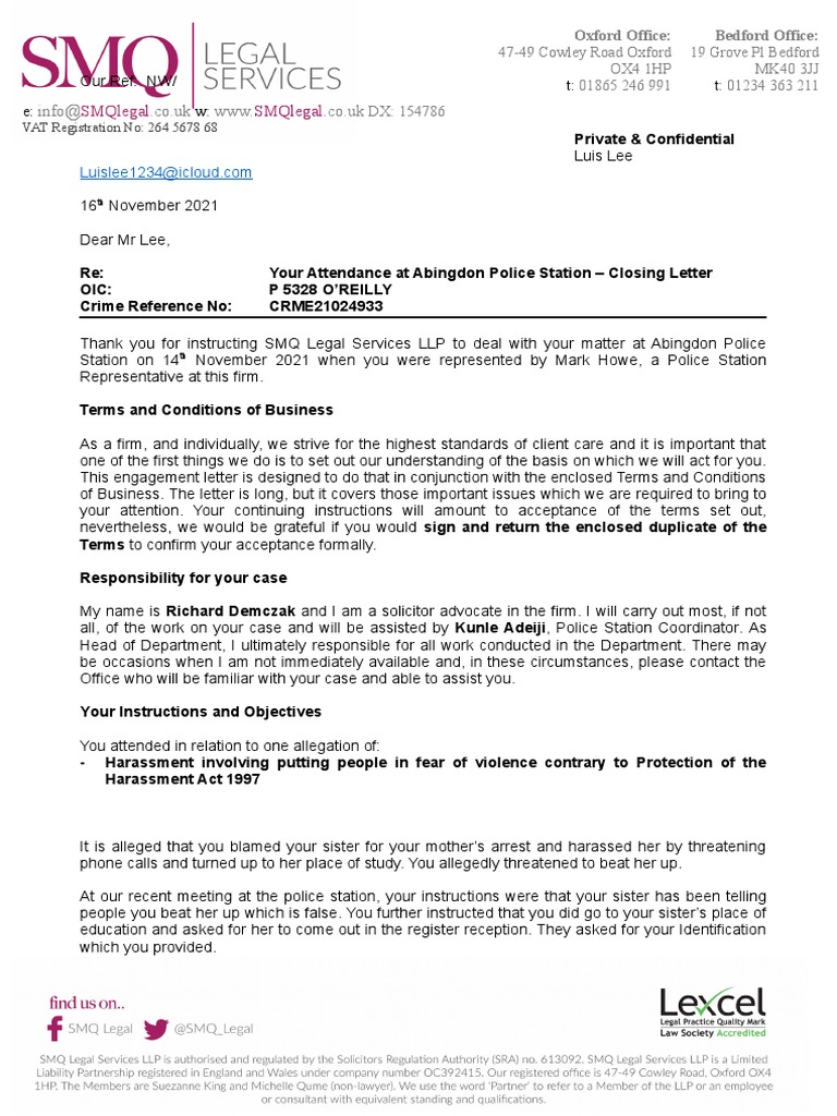 Luis Lee Engagement and Closing Letter NFA 2 | PDF | Arrest | Bail