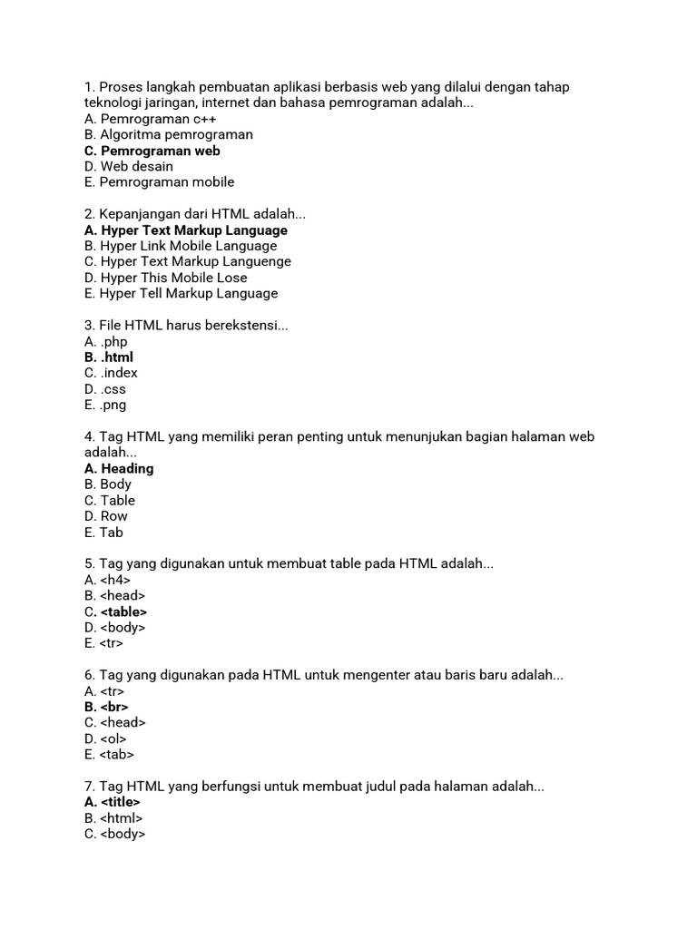 Soal Pilihan Ganda Pemrograman Web HTML | PDF | Komputer