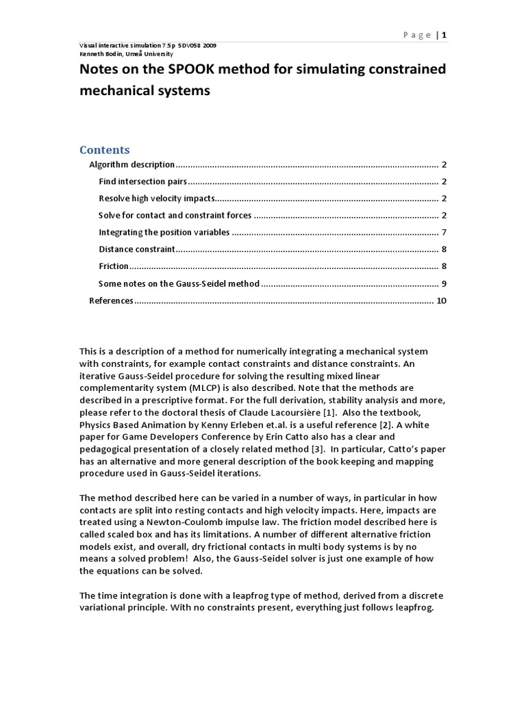 Notes On The SPOOK Method For Simulating Constrained Mechanical Systems ...