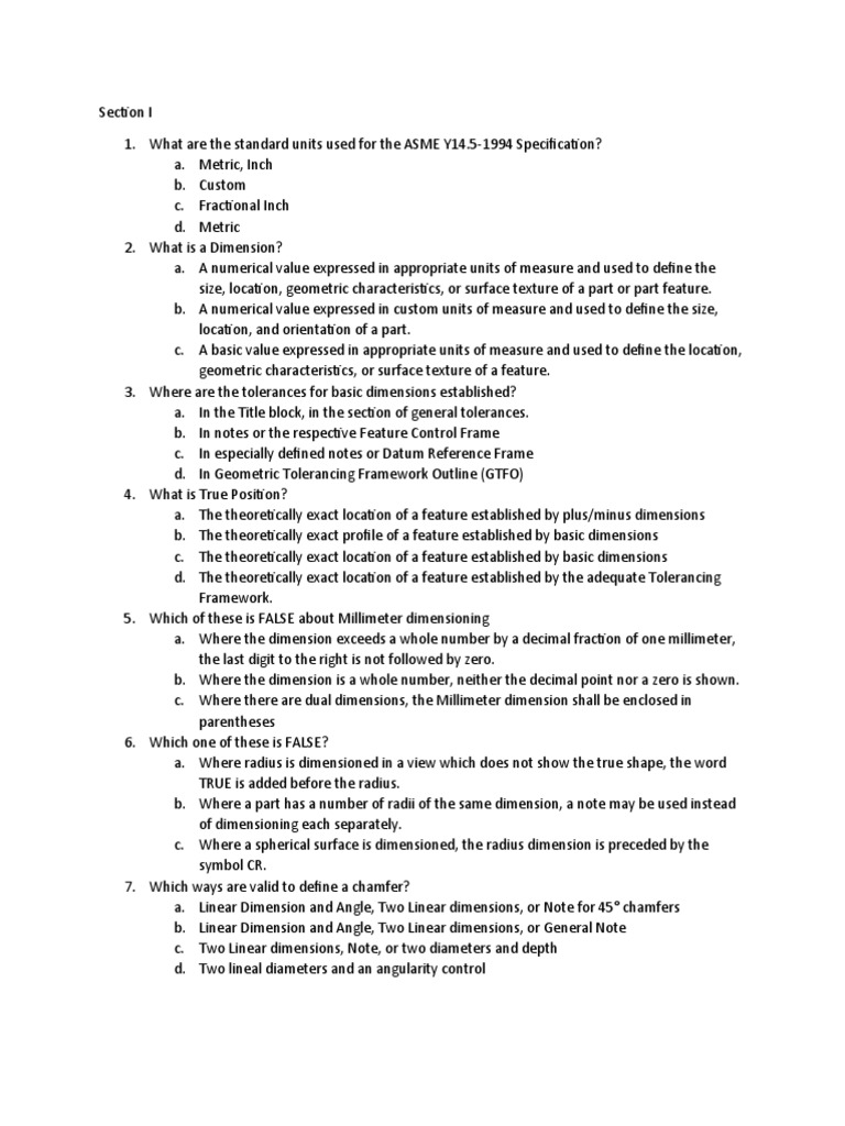ASME Y14.5-1994 GD&T Exam Questions | PDF | Geometry | Mathematics