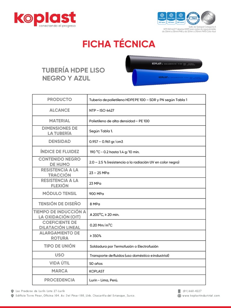 Ficha Tecnica Tuberia Hdpe Liso NtpIso 4427 Koplast PDF