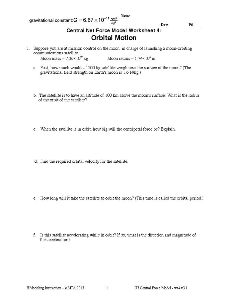 Orbital Motion: Central Net Force Model Worksheet 4 | PDF | Orbit | Force