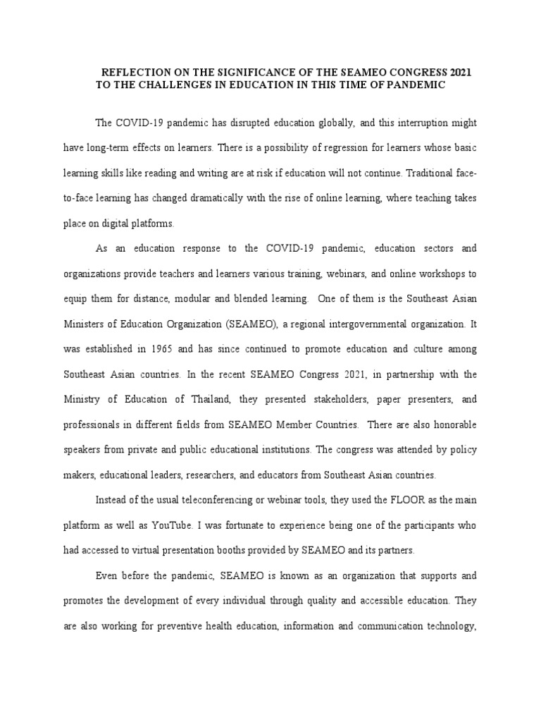 Reflection On The Challenges in Education in This Time of Pandemic and ...