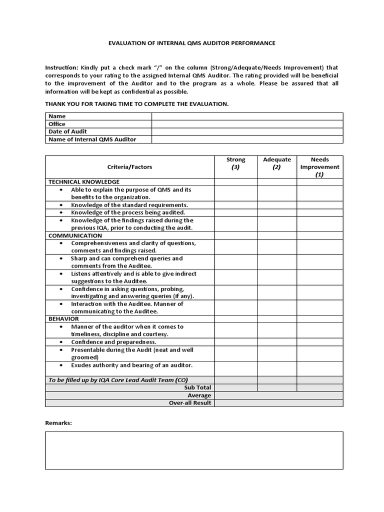 Internal QMS Auditor Performance Evaluation | PDF | Audit | Communication