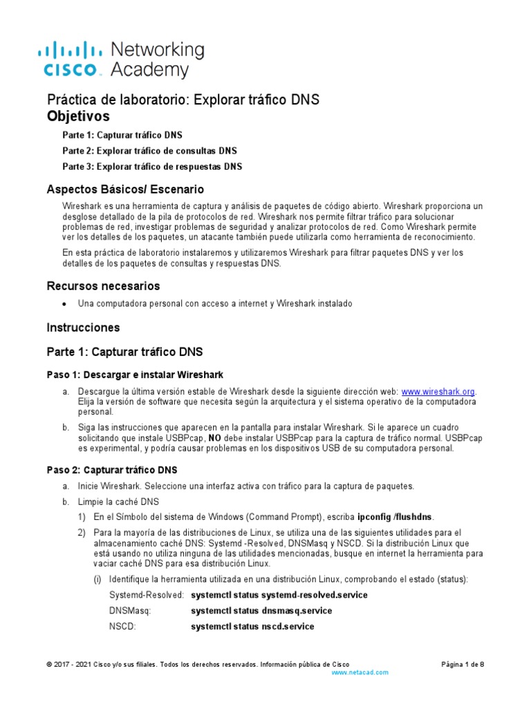 17.1.7 Lab Exploring DNS Traffic PDF Protocolos de