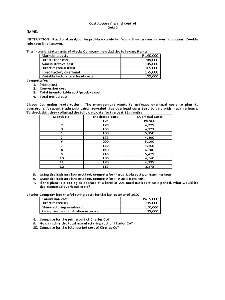 Quiz 2 Cost Accounting PDF Cost Accounting Cost