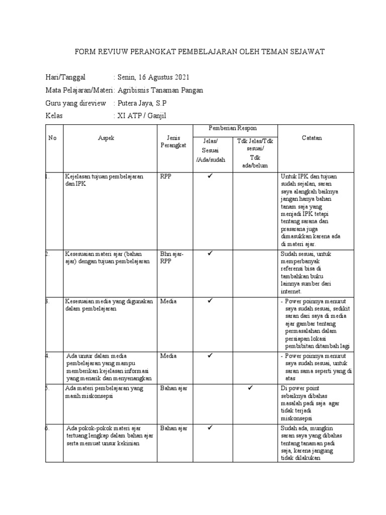 Form Review RPP and LO Observer Rekan Sejawat | PDF