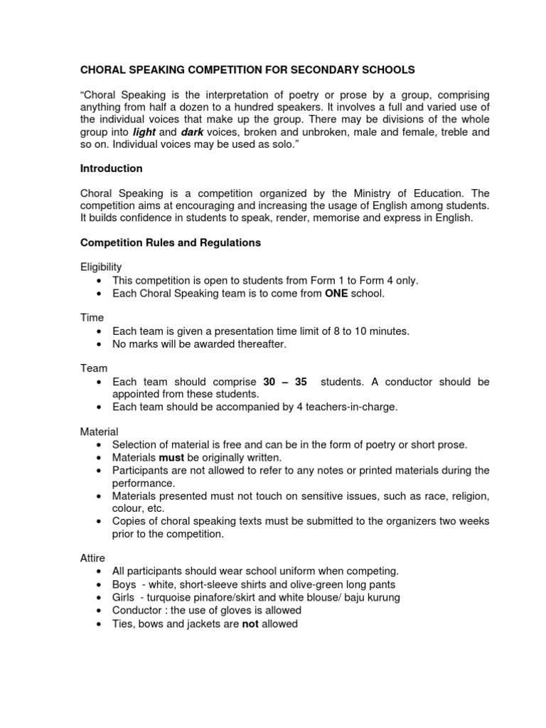 Choral Speaking Competition Guidelines | PDF | Choir | Singing