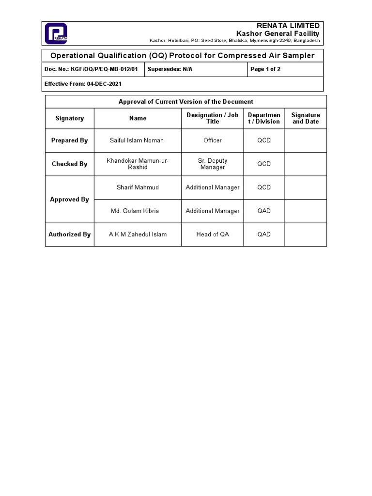 OQ Protocol for Compressed Air Sampler | PDF