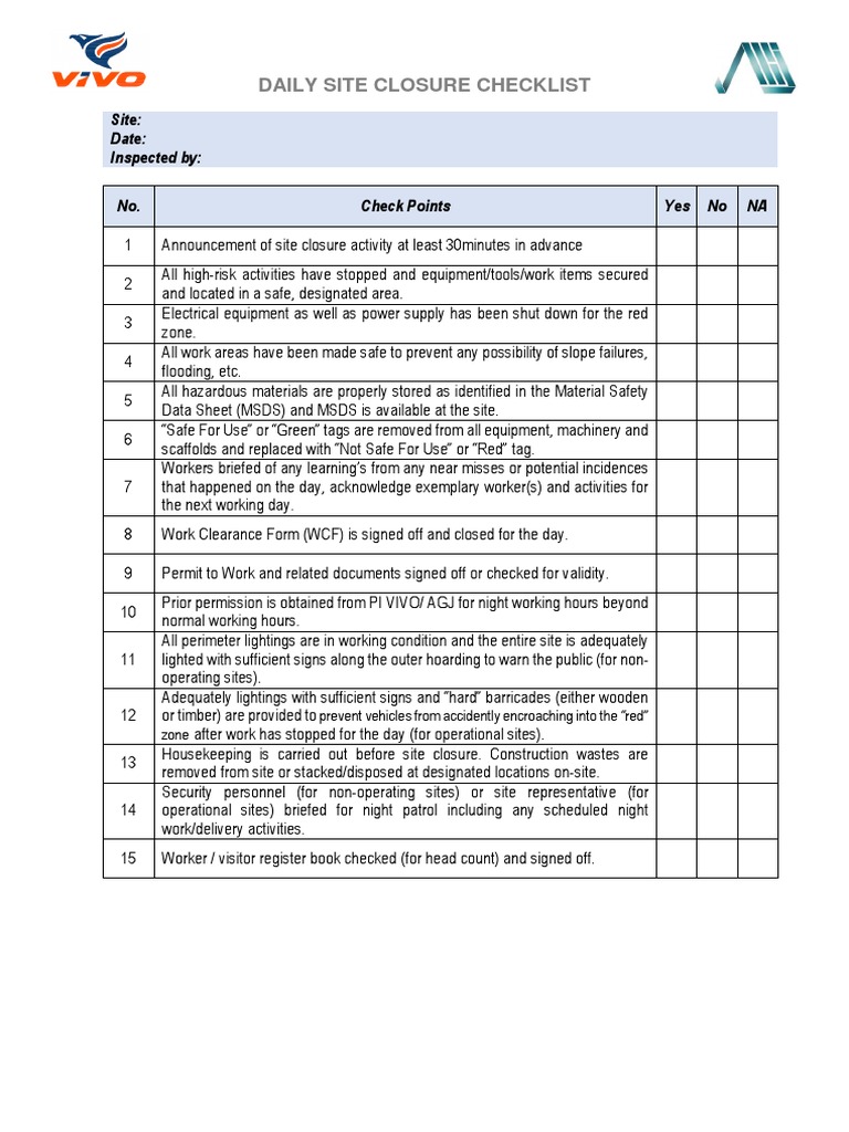 Daily Site Closure Checklist | PDF