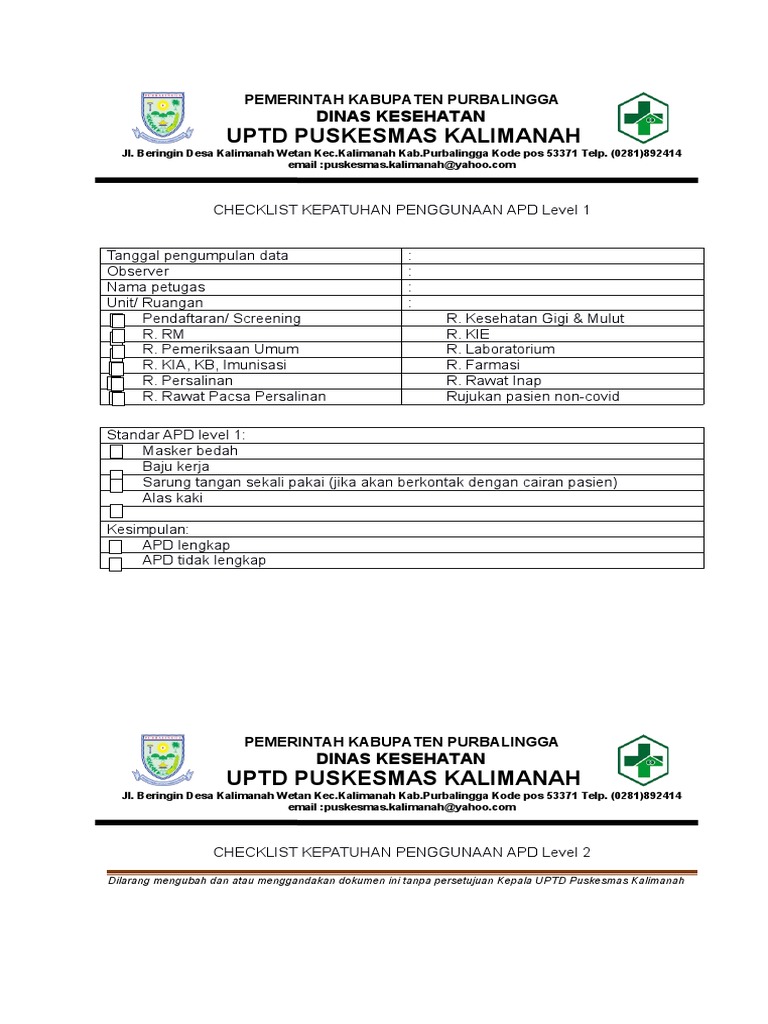 Checklist Kepatuhan APD Puskesmas Kalimanah | PDF