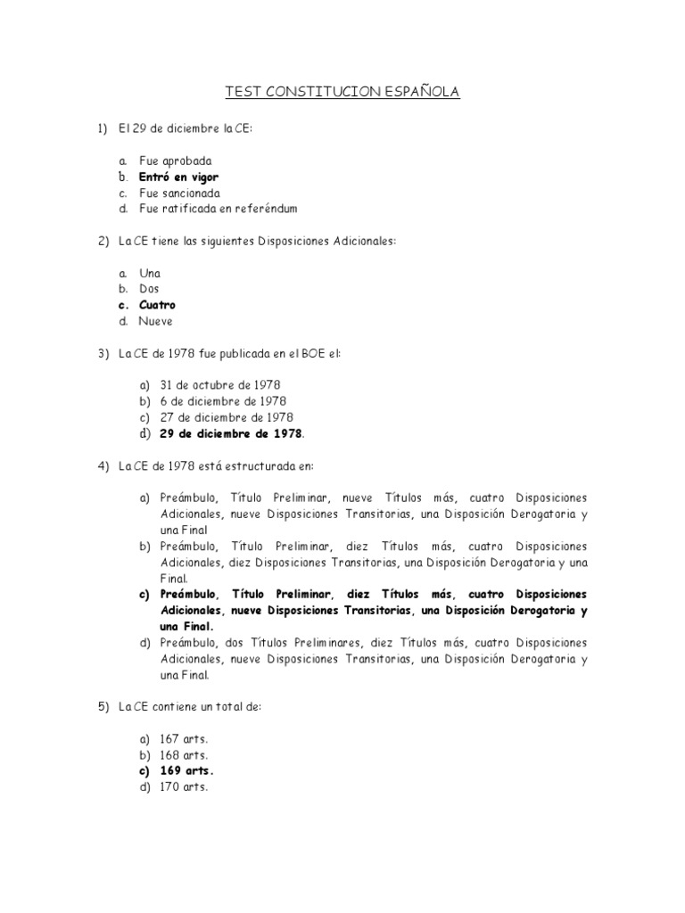 Test Constitucion Española | PDF | Derecho Constitucional | Principios ...