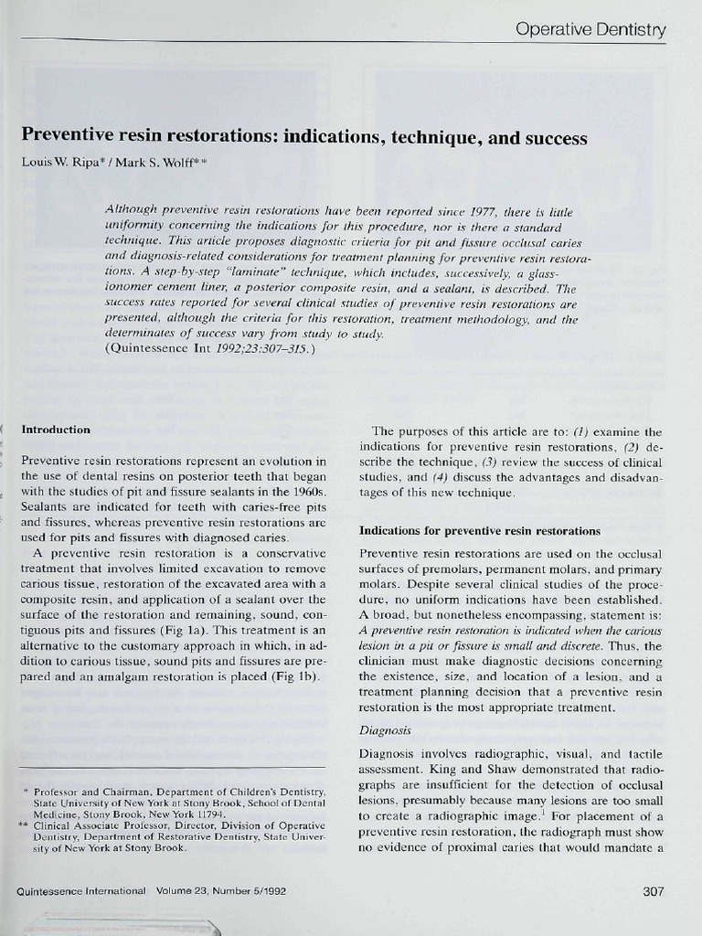 Preventive Resin Restorations Indications, Technique, and Success
