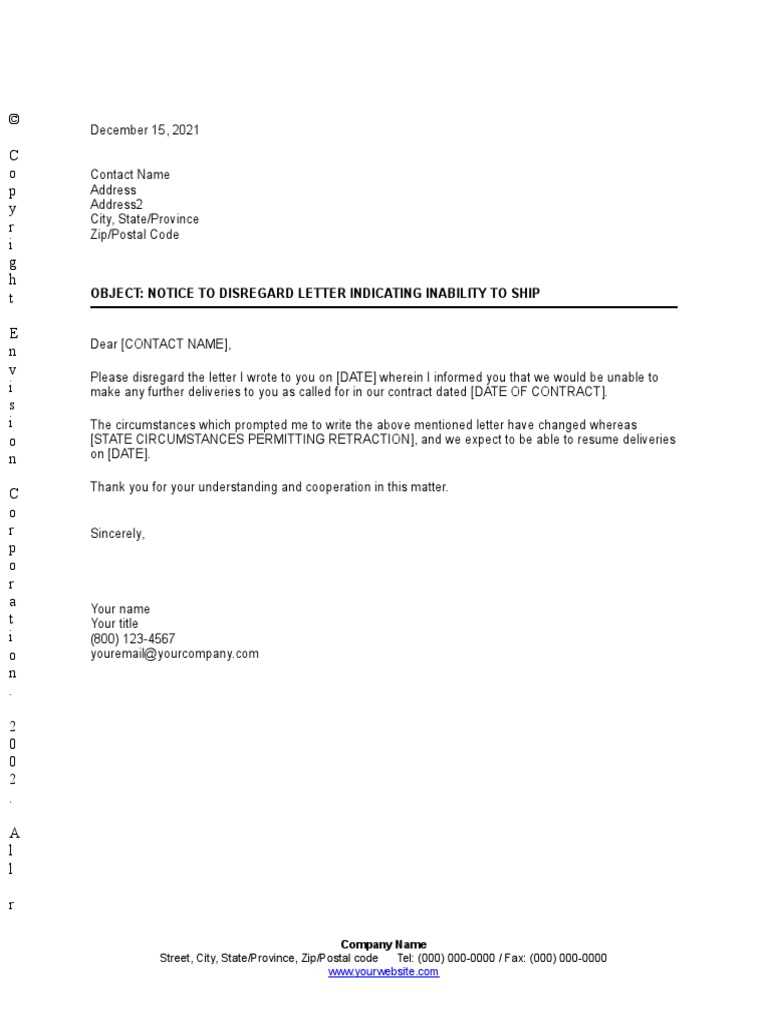 Notice To Disregard Letter Indicating Inability To Ship | PDF ...