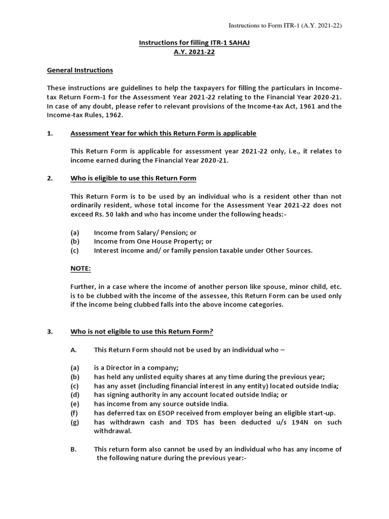 ITR-1 Filing Instructions for A.Y. 2021-22 | PDF | Tax Deduction | Payments