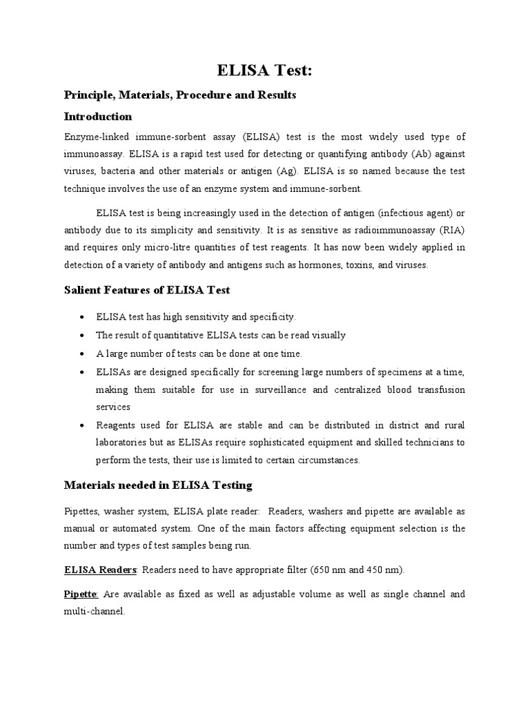 ELISA Test Principle, Materials, Procedure and Results PDF Elisa