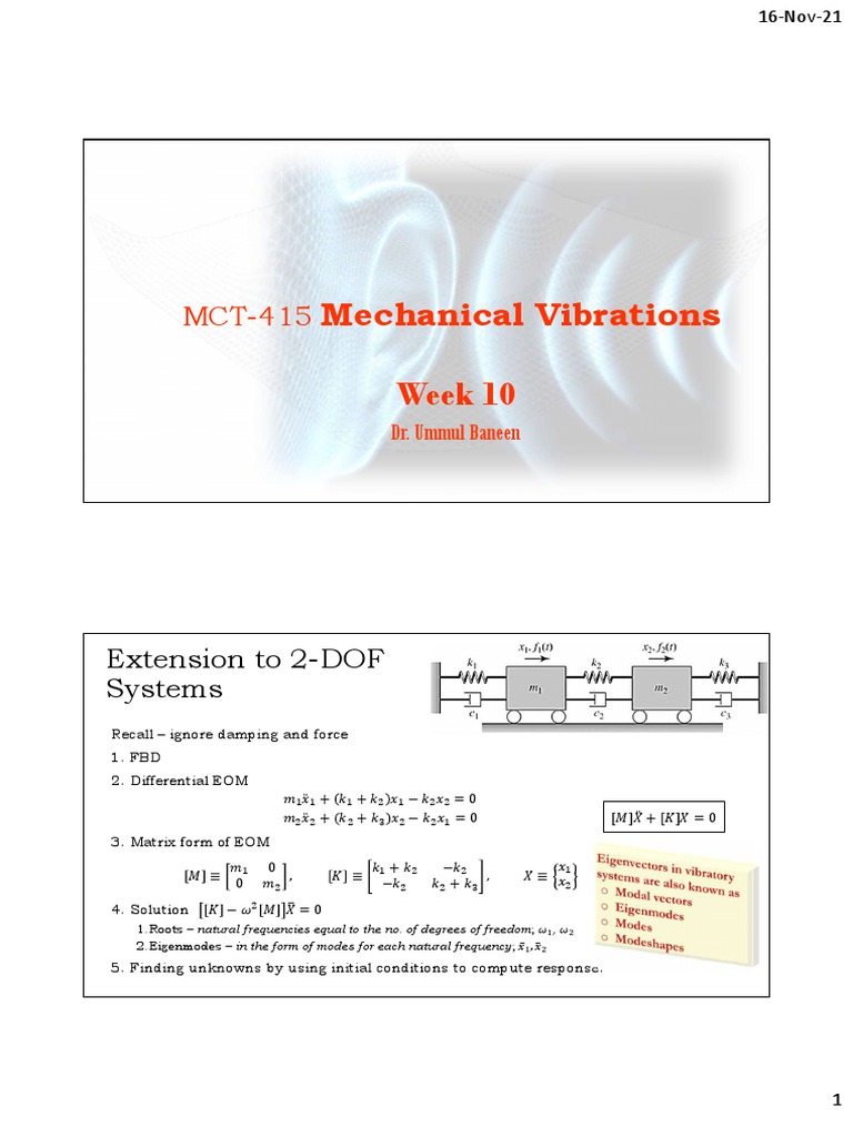 Mechanical Vibrations Week 10 Extension To 2DOF Systems PDF