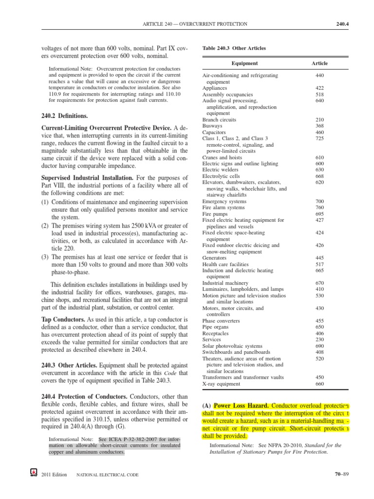 Article 240 - Overcurrent Protection: National Electrical Code | PDF ...