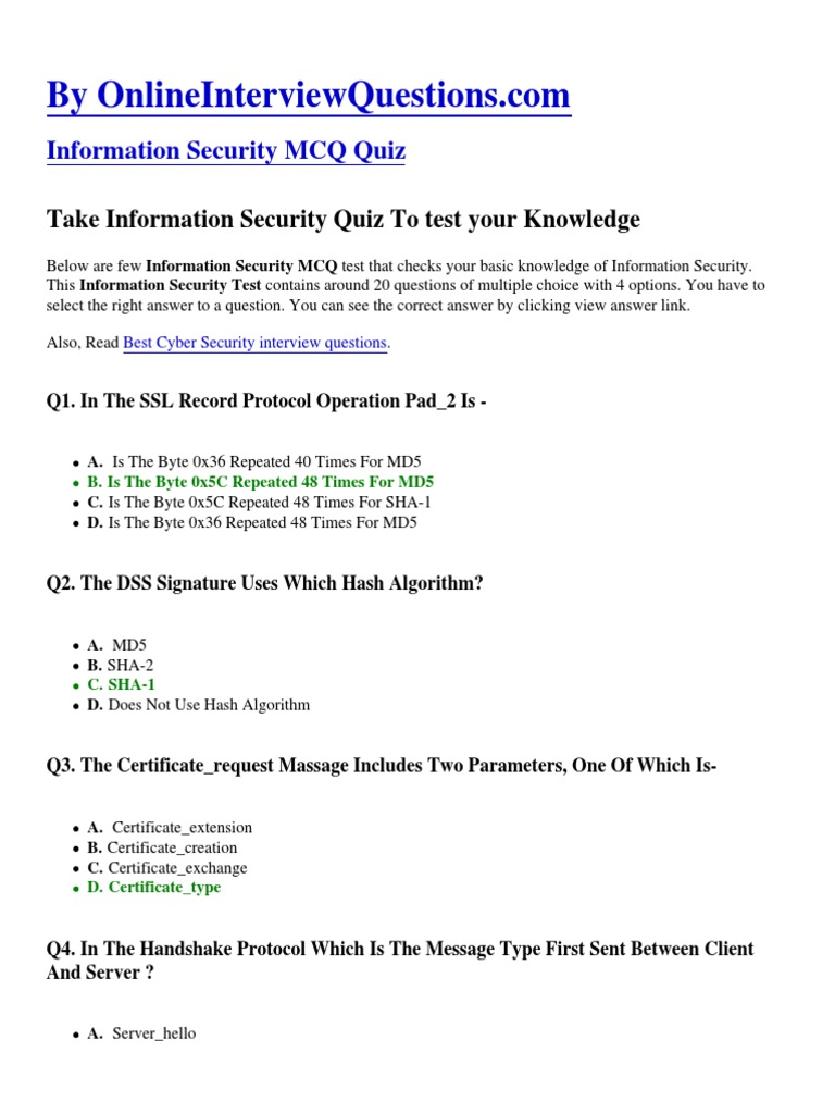 Information Security MCQ PDF PDF Information Security Computer