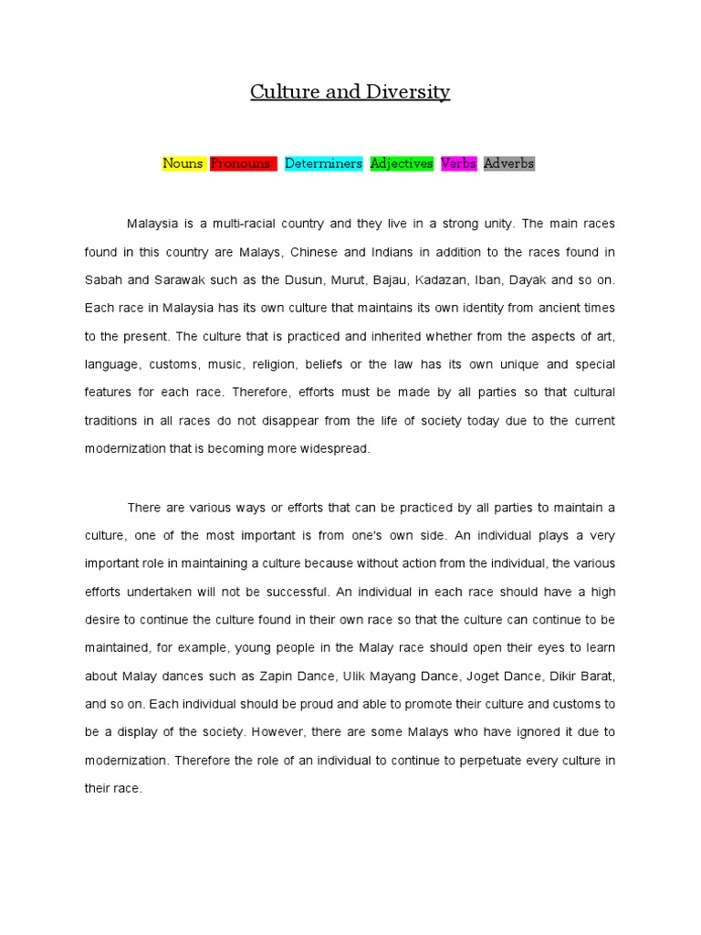 Culture and Diversity Nouns Pronouns Determiners Adjectives Verbs