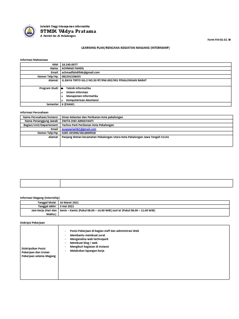 Rencana Kegiatan Magang Mahasiswa | PDF | Karier & Perkembangan | Komputer