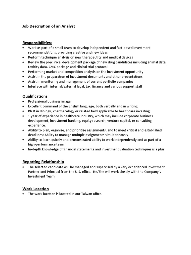 Job Description of An Analyst-TW013117 | PDF