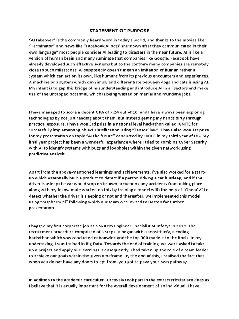 Statement of Purpose | PDF | Artificial Intelligence | Intelligence (AI ...