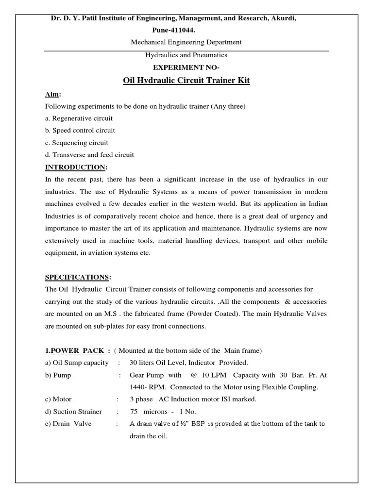 Oil Hydraulic Circuit Trainer Overview | PDF | Valve | Pump