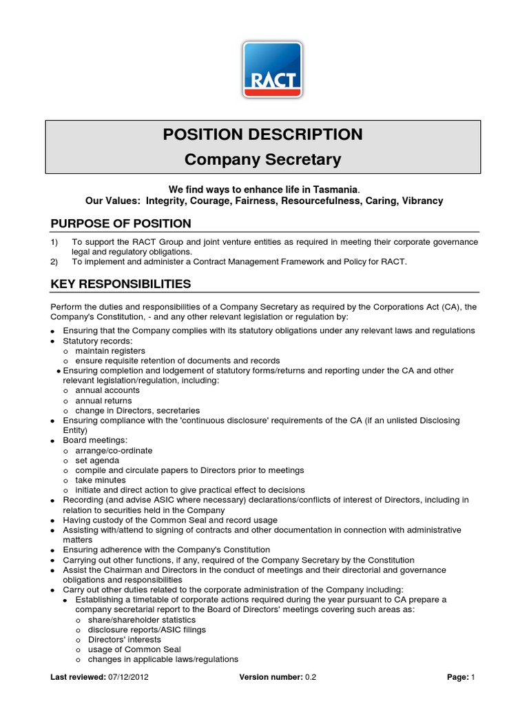 Company Secretary Job Description | PDF | Governance | Corporate Governance